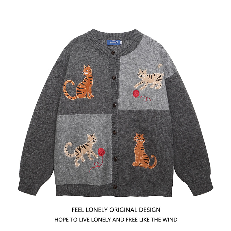 vintage趣味猫咪刺绣针织外套