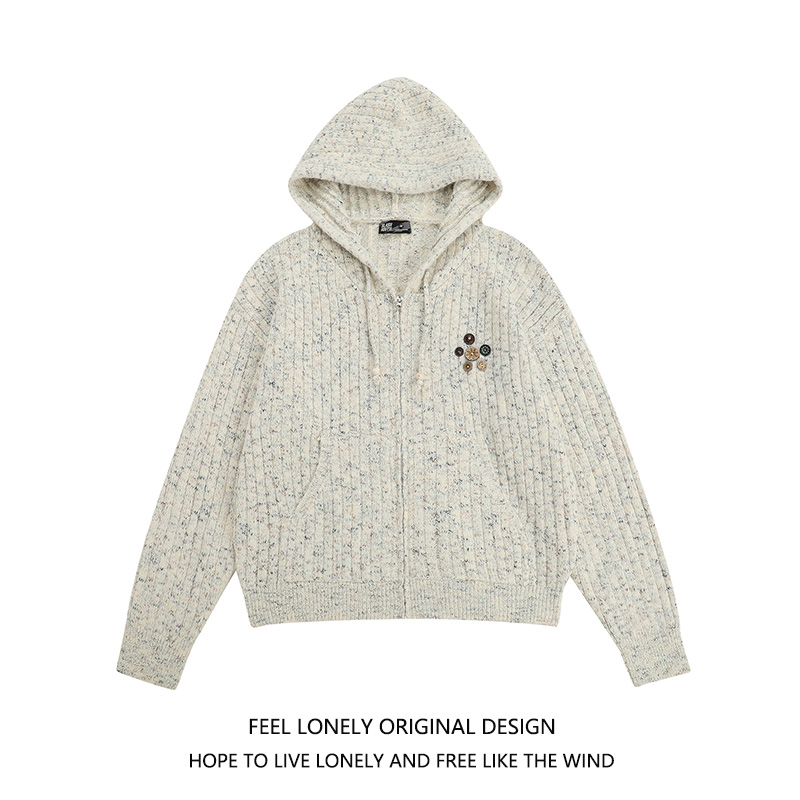 复古设计感羊毛花纱连帽毛衣