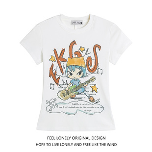 lonely T恤女夏季 Feel 趣味卡通涂鸦正肩短袖 上衣tee 修身 显瘦短款