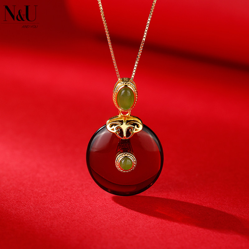 NU天然琥珀蜜蜡平安扣吊坠挂件女925银血珀本命年项链 送老婆礼物