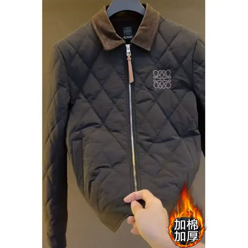高级感欧洲站轻奢潮牌夹棉夹克男翻领菱形格棉衣保暖外套棉服男装