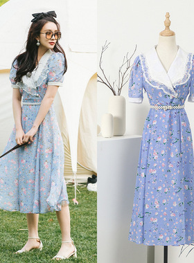 OHVIVI柯麦孟子义同款雪纺碎花仙女连衣裙夏新款荷叶边娃娃领裙子