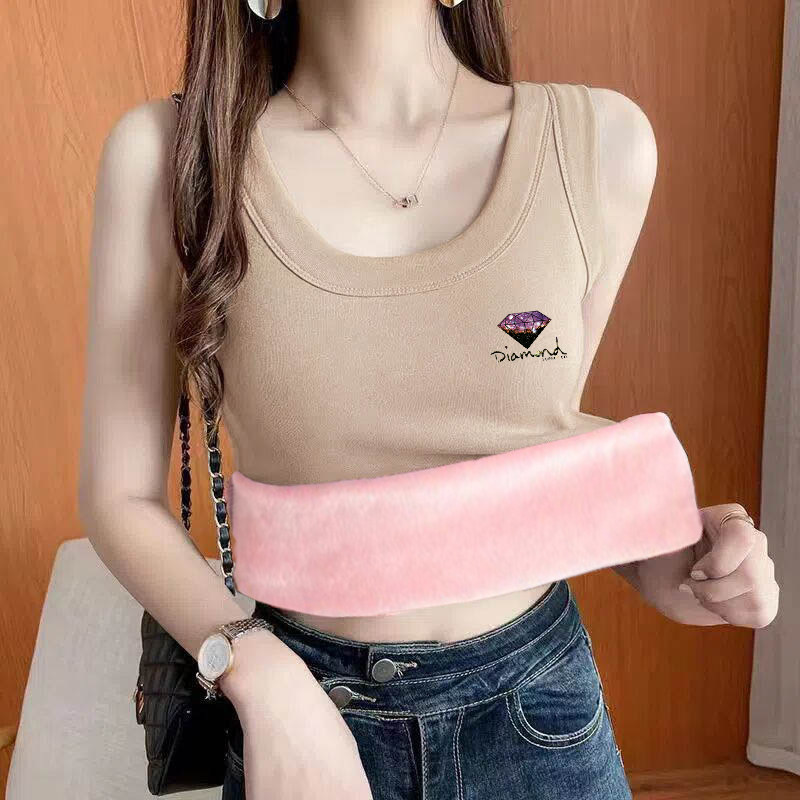 圆领吊带背心女秋冬弹力大码字母印花内搭上衣加绒加厚保暖打底衫