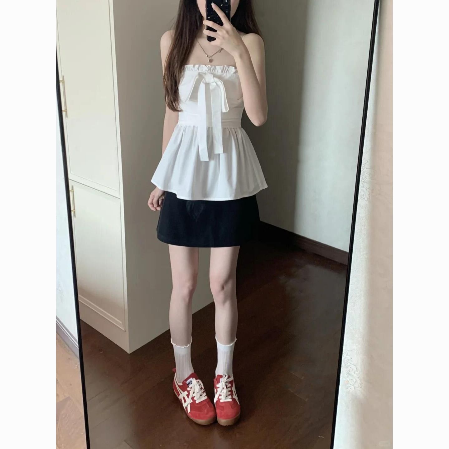 甜美风白色蝴蝶结绑带抹
