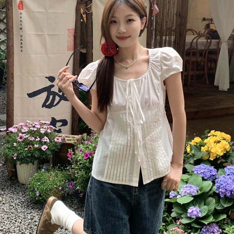 韩版复古甜美系带白色短