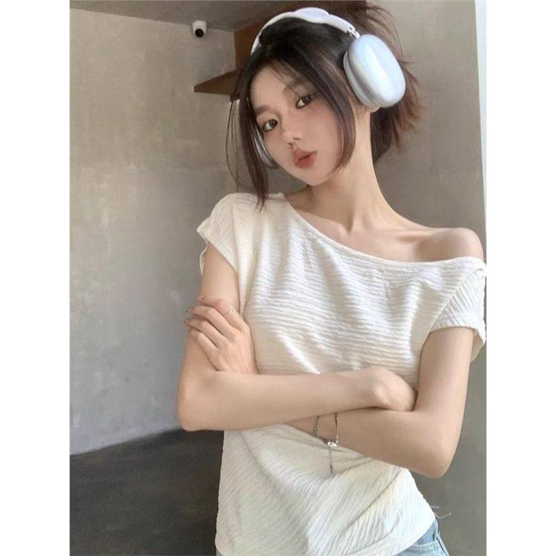 法式肌理褶皱露肩短袖锁