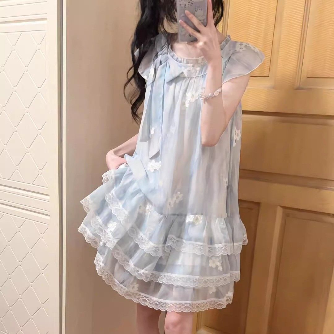 纯欲甜美小飞袖碎花连衣