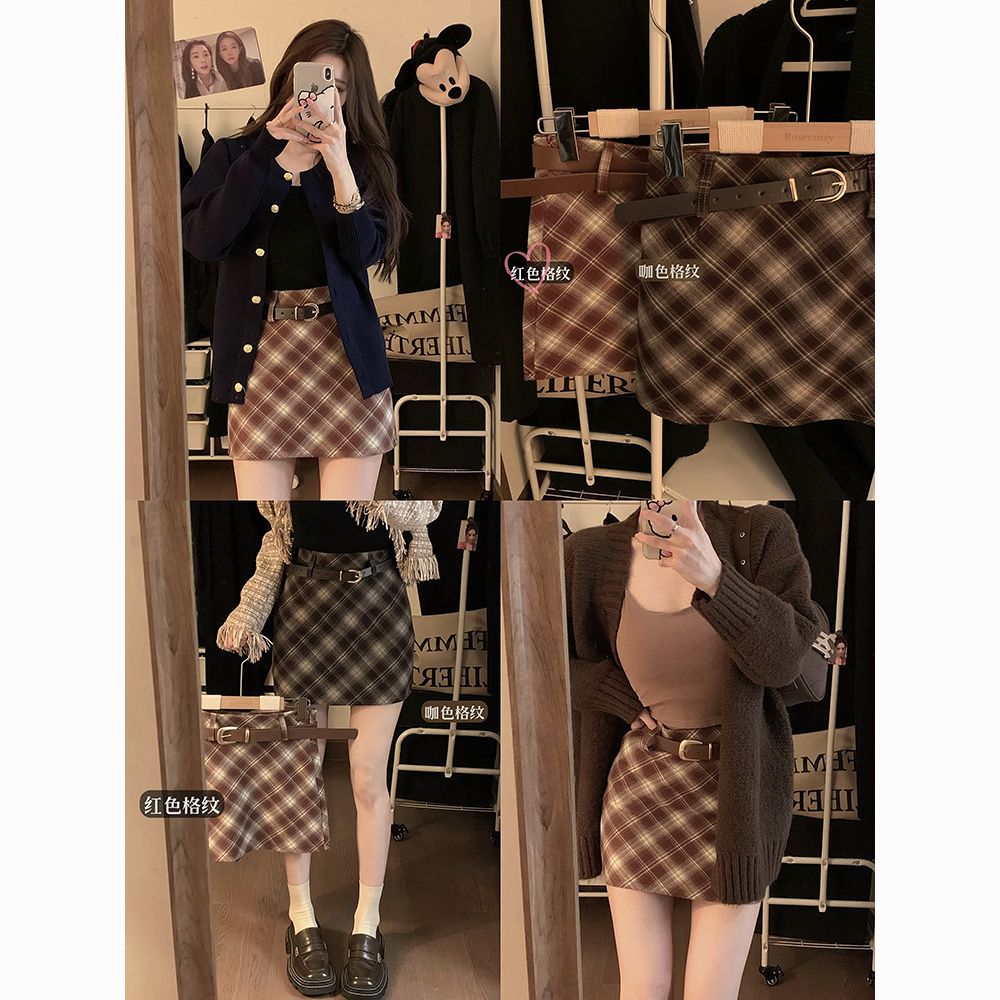 复古毛呢格子半身裙女秋