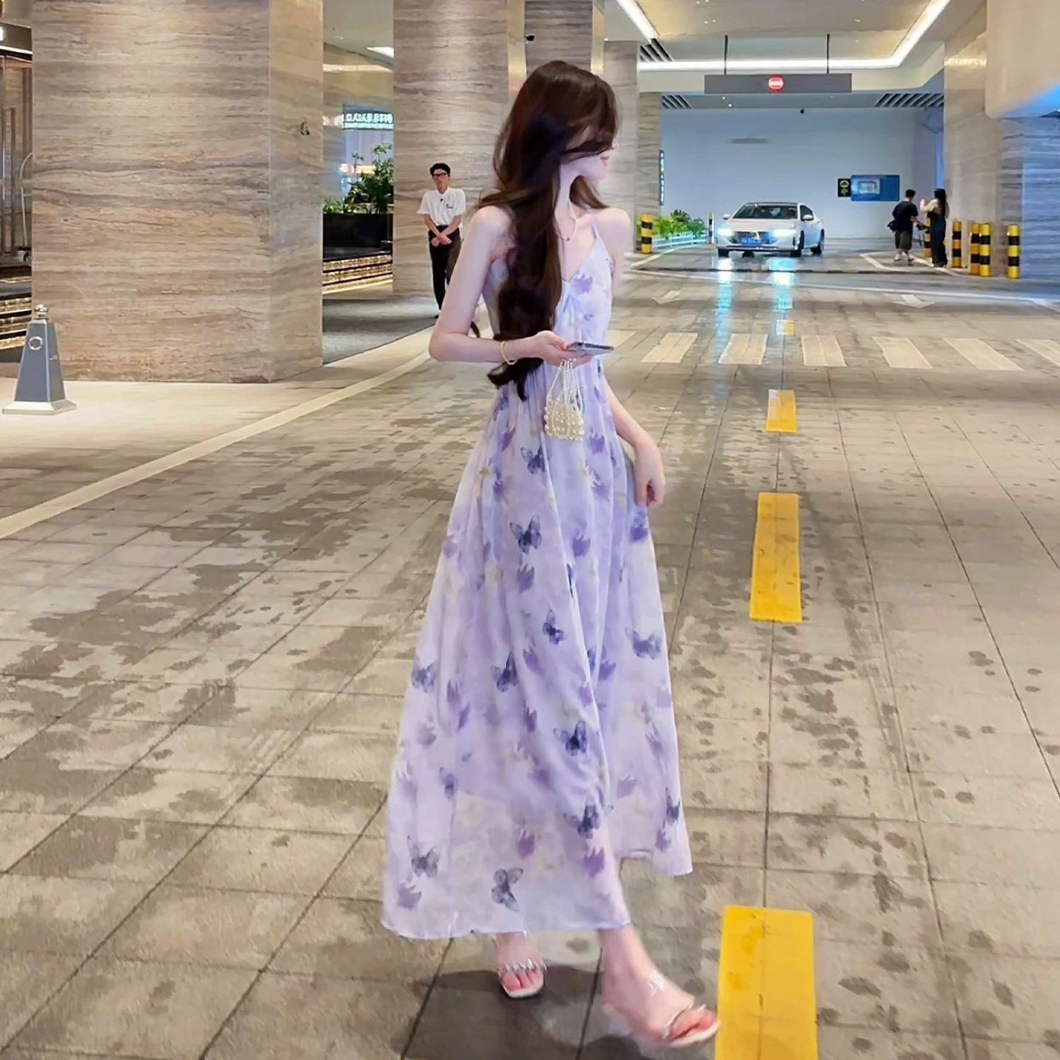法式紫色吊带连衣裙子女
