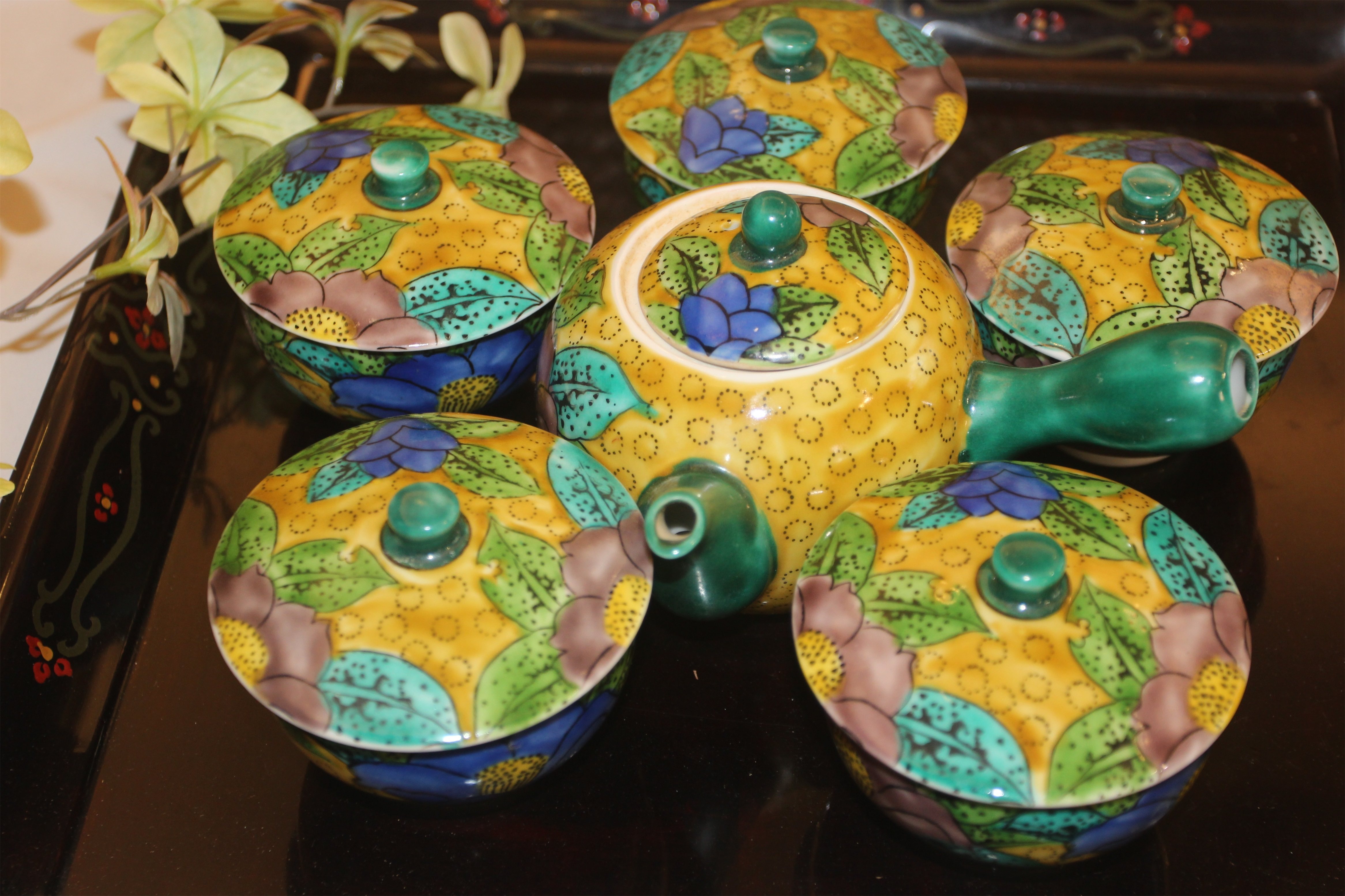 日本进口九谷烧福字款纯手绘釉下彩侧把壶茶盖杯陶瓷茶具套装