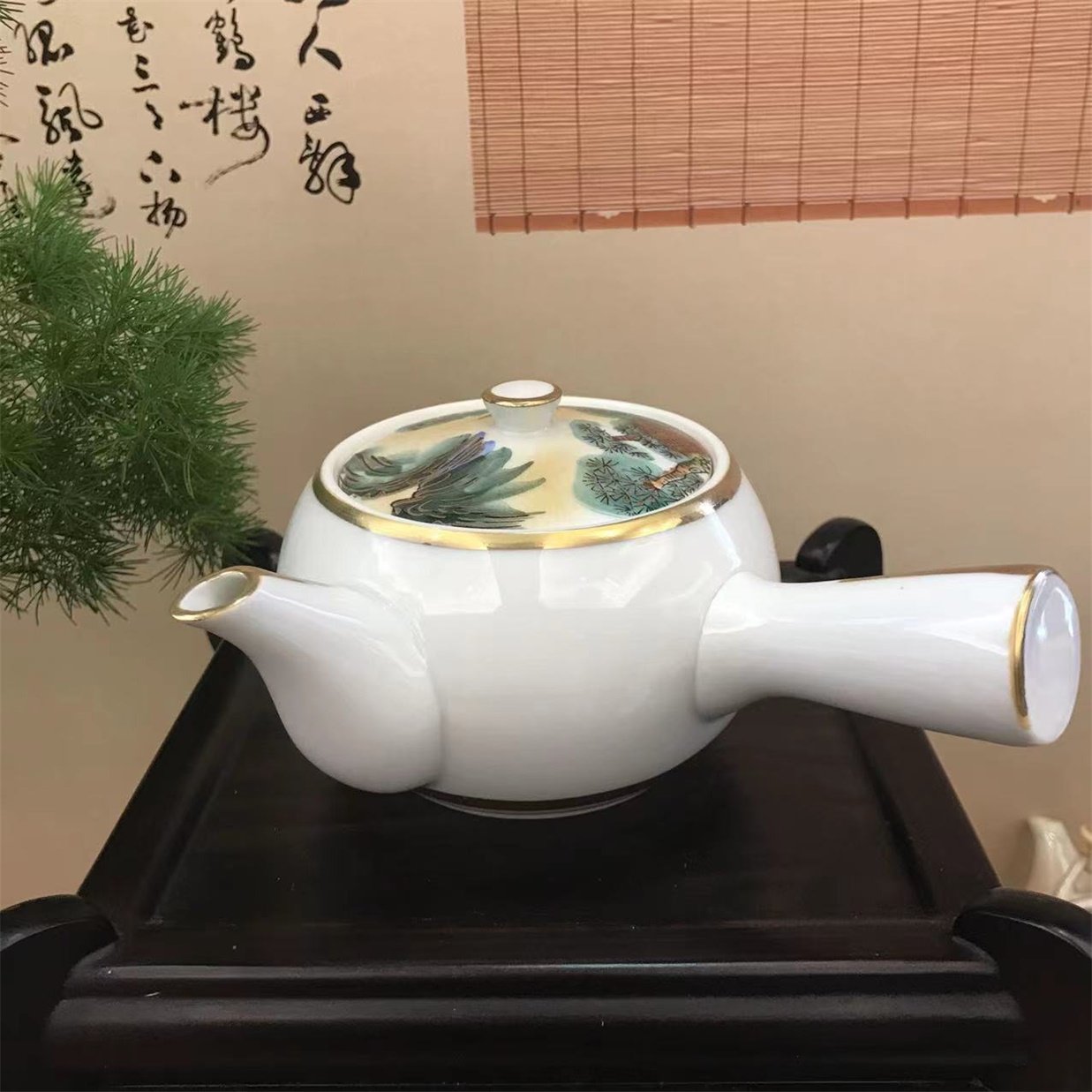 九谷烧手绘描金山川寺庙风景彩绘茶水壶侧把壶