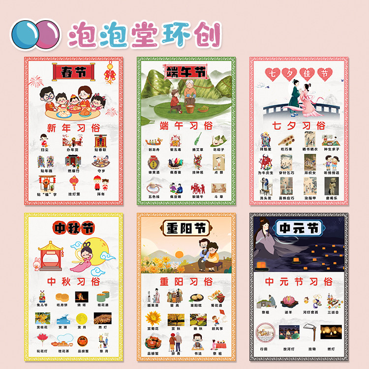 幼儿园中国风传统节日主题墙布置装饰图新年元宵清明中秋习俗环创