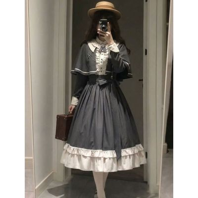 【灰纹领结】灰纹 lo 裙套装灰色条纹连衣裙+斗篷套装高级感冬季