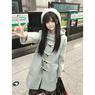薄荷清酒 冬季新款日系古早奈奈风设计连帽牛角扣中长款毛呢外套