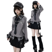 失序札记 韩系学院风格 纹拼接假两件收腰衬衫 上衣 百褶裙套装