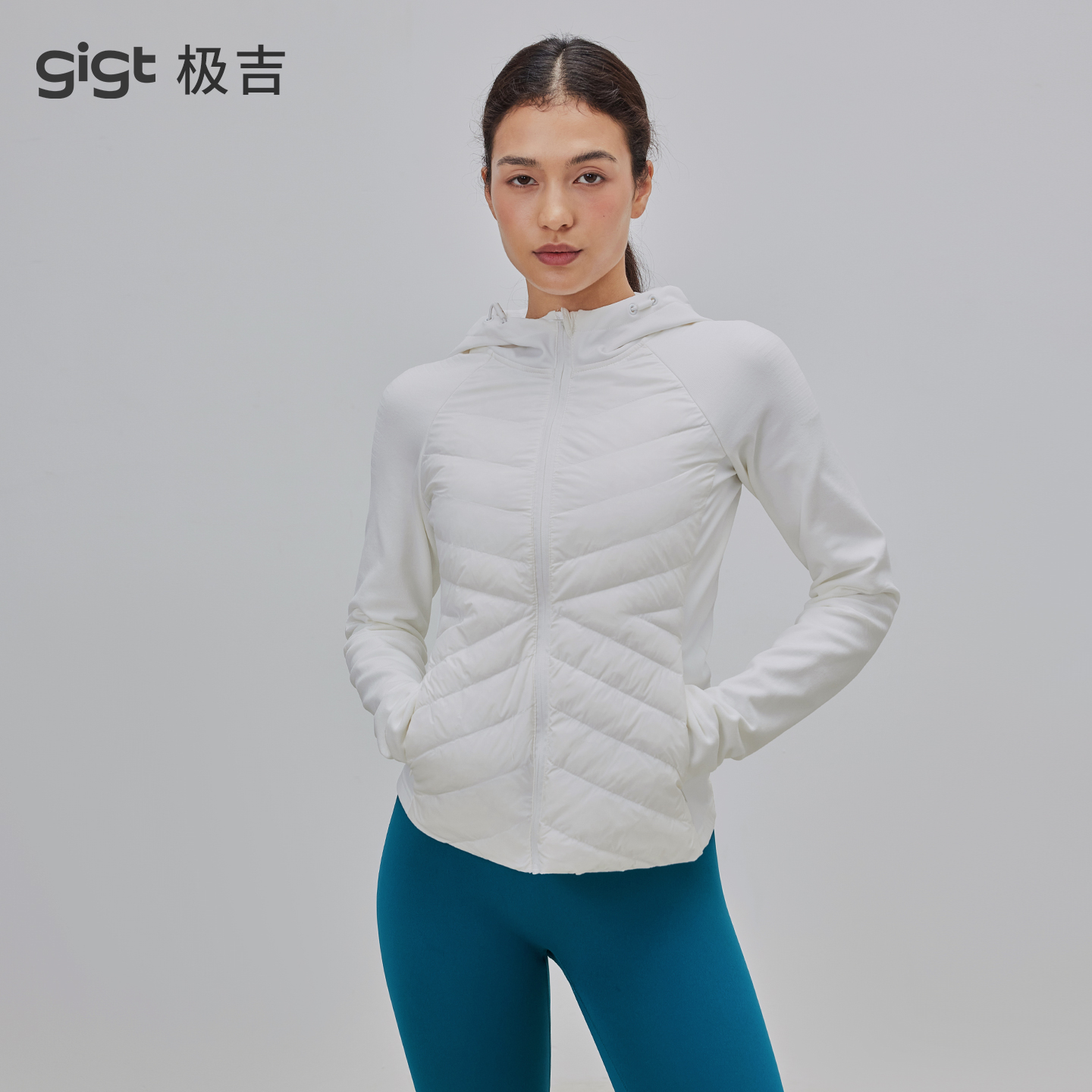 gigt极吉运动羽绒服女秋冬高级感修身连帽健身服拼接保暖瑜伽外套