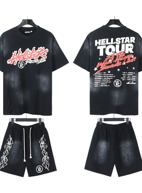 美式街头风短袖T恤套装男女宽松做旧字母印花休闲运动潮流五分裤