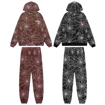 满印蜘蛛网图案字母Sp5der连帽卫衣束脚长裤套装男女秋冬休闲潮牌