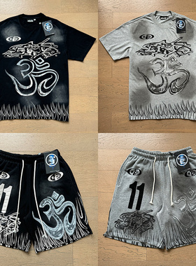 暗黑风地狱之星洗水泼墨复古印花短袖T恤短裤套装男女夏宽松休闲