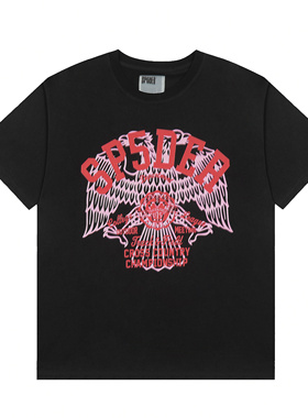 26新款美式嘻哈风sp5der字母印花短袖T恤男女宽松休闲圆领潮黑色