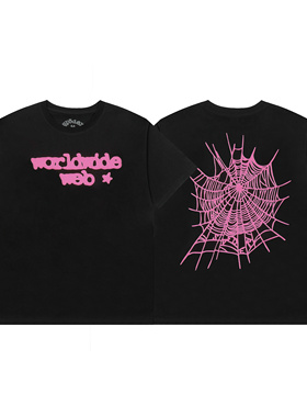 美式潮蜘蛛网印花短袖T恤SP5DER男女款高街宽松休闲黑色上衣夏季