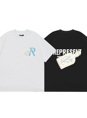 小众represent纯色字母标语印花短袖T恤男女宽松简约纯棉上衣夏季