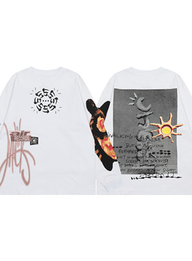 travisScott美式涂鸦风印花长袖T恤男女宽松休闲潮牌INS白色上衣