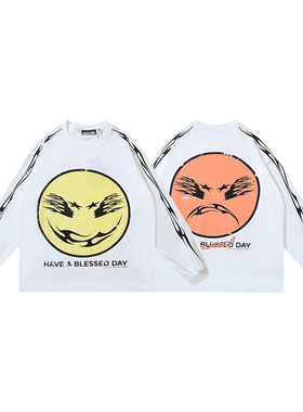 高街小众潮流笑脸印花长袖T恤男女oversize宽松百搭白色上衣免烫
