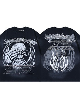 暗黑风做旧印花短袖T恤男女宽松潮流街头复古黑色双纱纯棉上衣夏