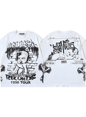 地狱之星高街风磨破短袖T恤男女宽松圆领印花图案百搭潮流上衣夏