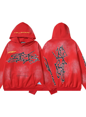 美式小众洗水红连帽卫衣男女宽松印花做旧毛圈布装潮青春流行秋冬