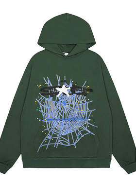 sp5der小众蜘蛛网字母印花连帽卫衣男女通用绿色宽松街头潮牌帽衫