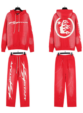 美式高街风泼墨印花连帽卫衣套装男女秋季宽松运动亮色系潮牌长裤