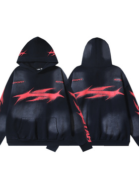 复古水洗做旧宽松情侣上衣美潮高街风地狱之星印花连帽卫衣男女款