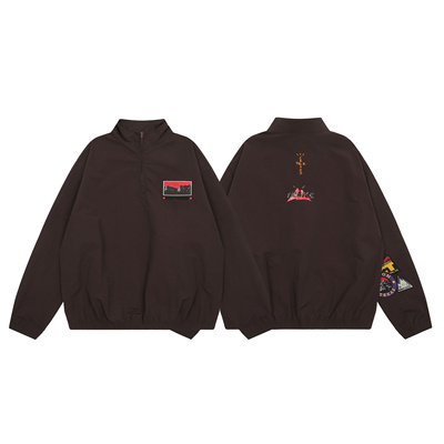TravisScott秋休闲山脉徽章刺绣宽松型半拉链套头风衣外套夹克男