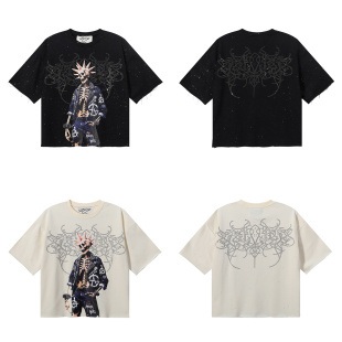 夏季T-shirt烫钻设计潮牌骷髅印花短袖T恤男女款宽松oversize上衣