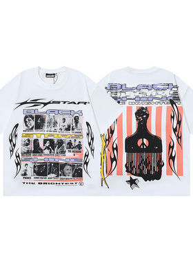 街头休闲风欧美印花短袖T恤男女同款宽松潮流圆领双纱纯棉上衣夏