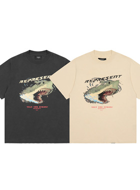 美式风REPRESENT鲨鱼字母印花短袖T恤男女通款宽松纯棉情侣上衣夏