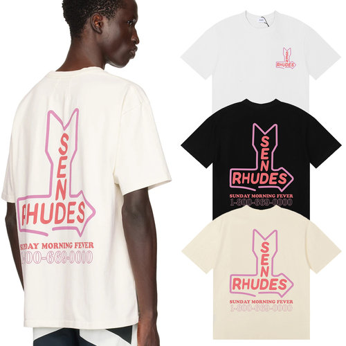 跨境外贸美潮新款Rhude粉色箭头中性印花男女款圆领短袖T恤宽松夏