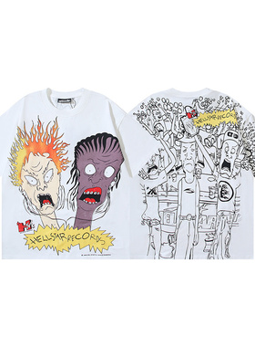 欧美卡通风印花短袖T恤男女宽松YoungThug重磅纯棉情侣套头上衣夏