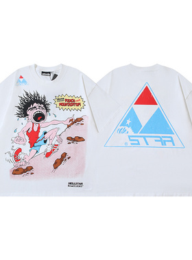 卡通风印花短袖T恤男女同款VINTAGE纯棉宽松潮牌欧美白色上衣夏季