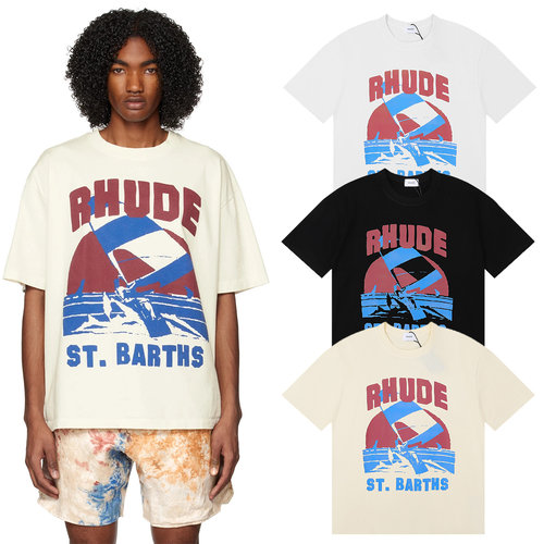 RHUDE潮牌风帆冲浪印花短袖T恤男女通用宽松纯棉情侣休闲上衣圆领