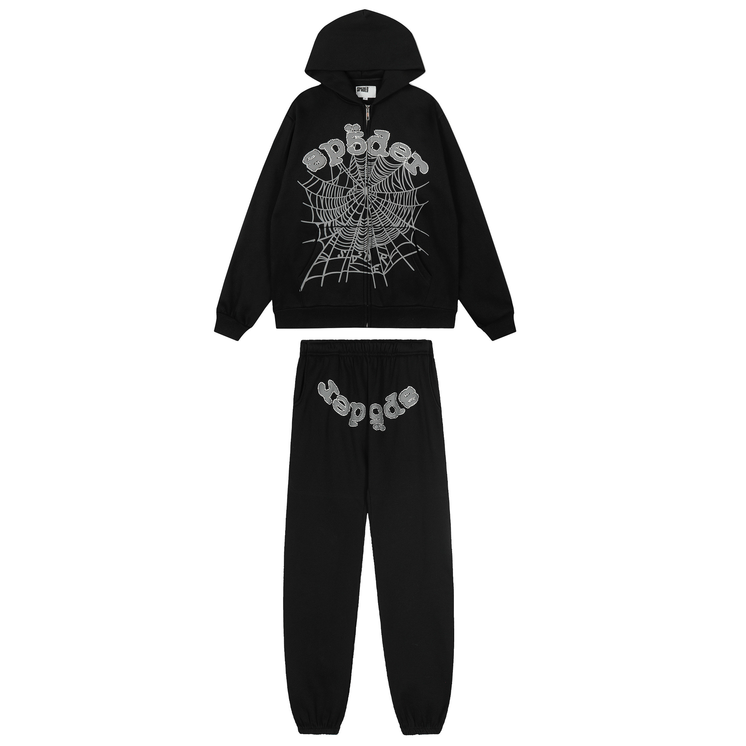 美式Sp5der发泡蜘蛛网烫钻卫衣印花男女款宽松拉链连帽衫运动裤子,男装,休闲运动套装,淘宝优惠券,粉丝福利购,淘宝优惠卷