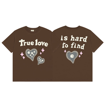 brokenplanet美式高街风卡通爱心印花T恤男女款短袖宽松咖色上衣