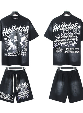 美潮街头风涂鸦字母短袖T恤男女夏季五分裤宽松运动休闲套装潮流