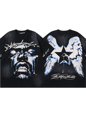 重工美式嘻哈风翅膀人像印花短袖T恤男女款宽松oversize高街潮牌