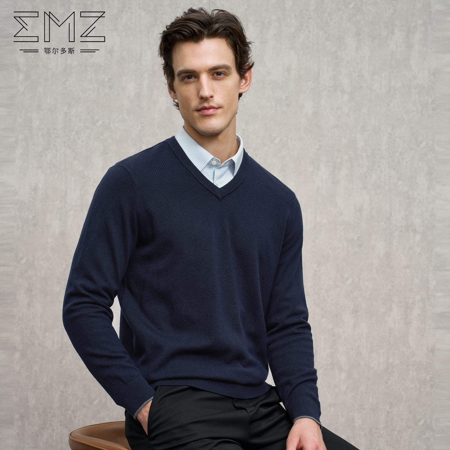 EMZ鄂尔多斯【100%丝光澳毛】秋冬新款复古老钱风V领针织衫毛衣男