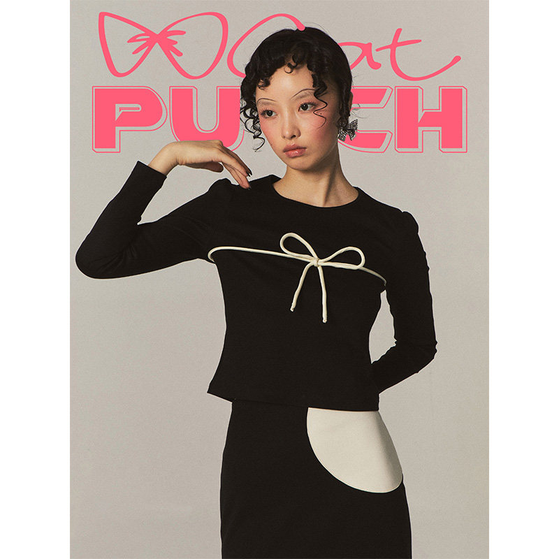 catpunch甜喵预警 绑带塑型蝴蝶结打底 直筒弹力修身泡泡袖短上衣