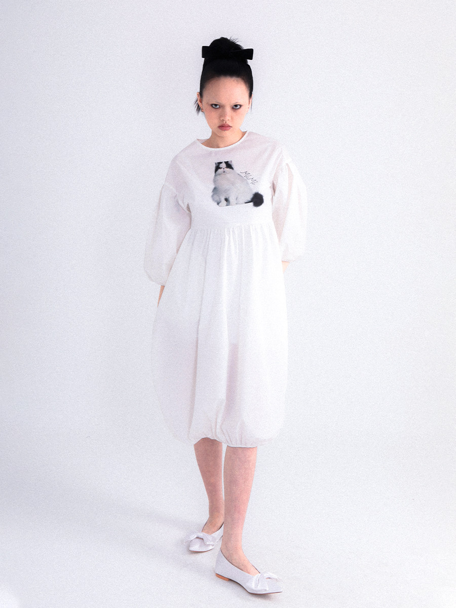 catpunch甜喵预警 原创设计 猫咪印花连衣裙女白色长袖公主裙春季