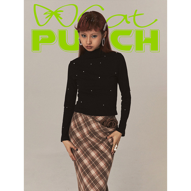 catpunch甜喵预警 奶油糖果上衣 手工钉钻半高领弹力修身黑打底